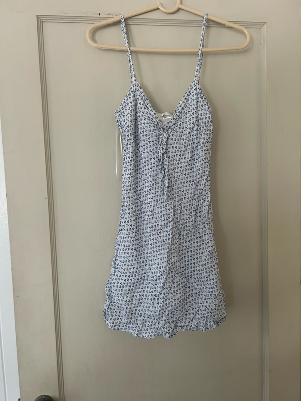 mahina White Dress with Blue Floral Print and Tie Front